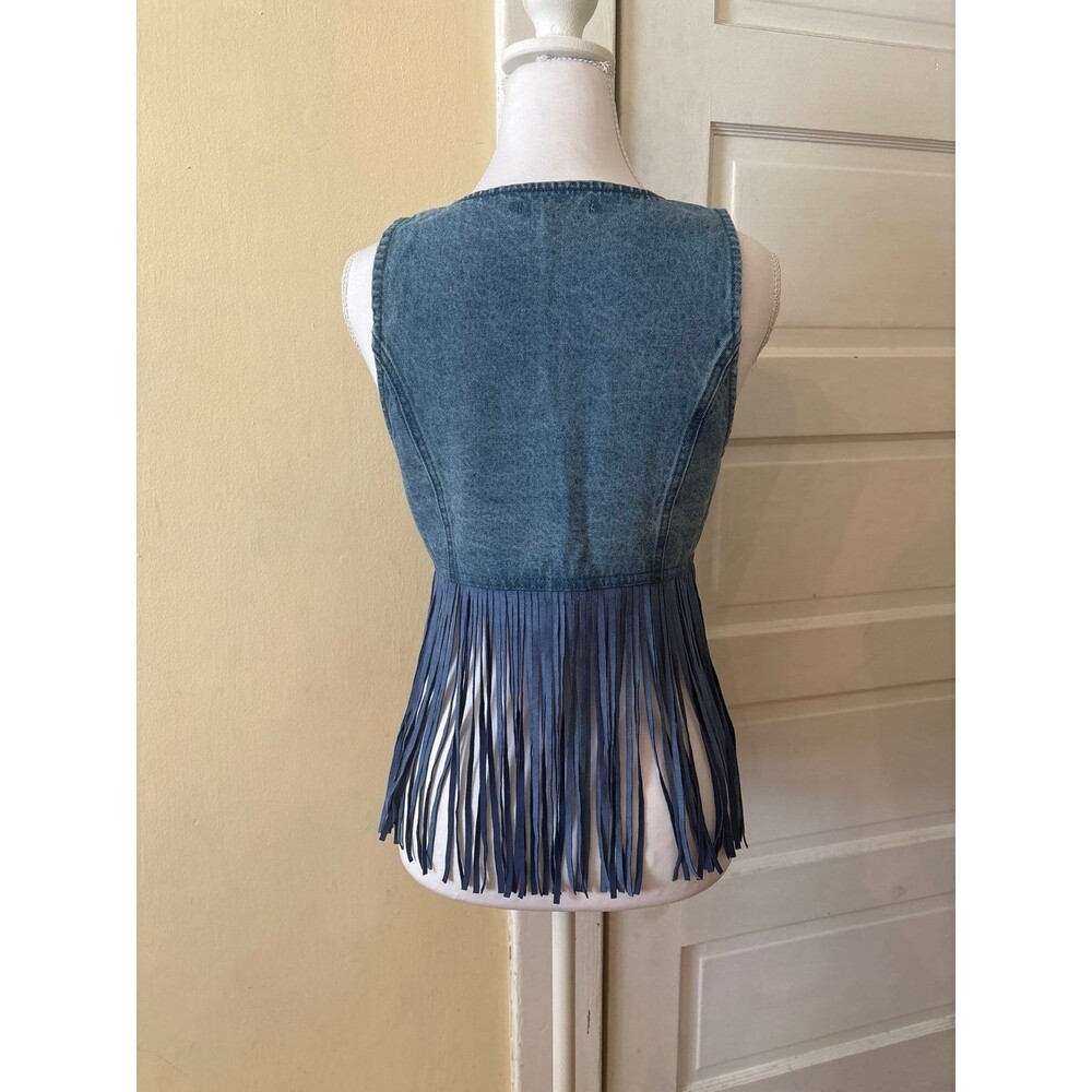 Denim fringe tank top vneck cowboy western Coachella festival hippie Boho blue - Picture 4 of 6